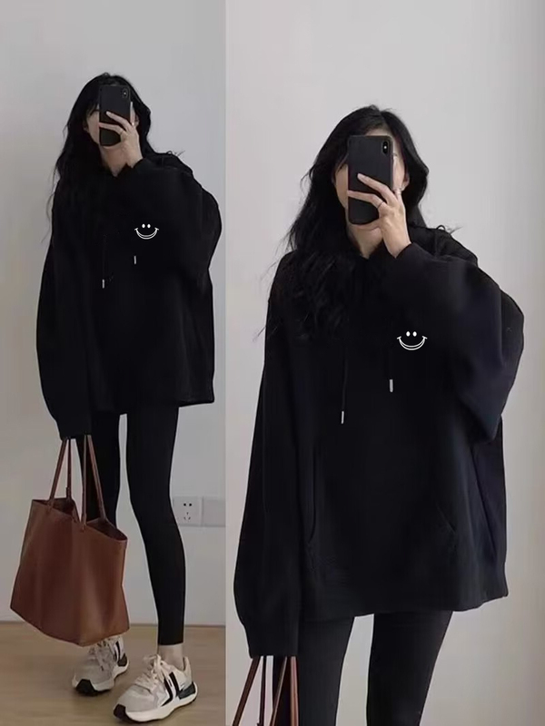 Pure Cotton Black Hooded Long-Sleeved Sweatshirt for Women, New Spring and Autumn Style, Popular Style for Plus-Size Girls, Loose Fit, Versatile Student Top