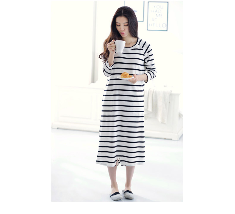 Áo ngủ nữ mùa thu cotton dài tay đồ ngủ sọc lỏng đầm nhà phục vụ nữ mùa thu áo dài giản dị đầm đẹp dự tiệc