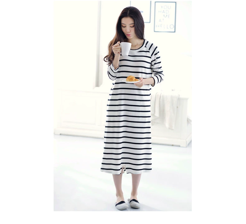 Áo ngủ nữ mùa thu cotton dài tay đồ ngủ sọc lỏng đầm nhà phục vụ nữ mùa thu áo dài giản dị váy ngủ lụa tơ tằm