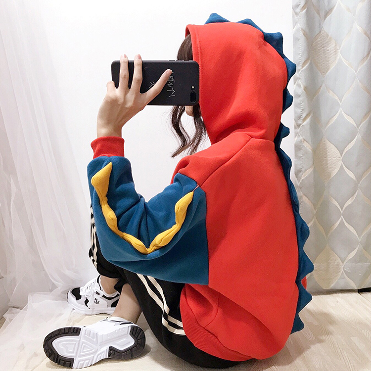 Đây là một con khủng long ~ mùa thu và mùa đông cộng với nhung lỏng màu phù hợp với áo len stereo góc gõ dễ thương mềm dễ thương áo trùm đầu ~ măng tô nữ