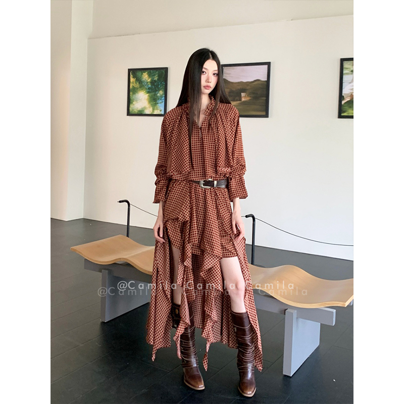 Gothic Style Retro Red Plaid Asymmetrical Hem Waist-Cinching Long-Sleeved Dress for Women Y2K Millennium Hottie Long Skirt