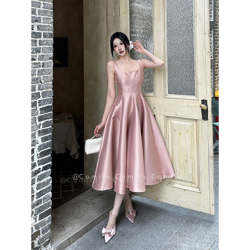 Graduation Dress, French Hepburn Style, Pink Satin Glossy Suspender Dress, Large Hem, Bachelor's Gown, Long Skirt Underneath Graduation Dress, French Hepburn Style, Pink Satin Glossy Suspender Dress, Large Hem, Bachelor's Gown, Long Skirt Underneath
