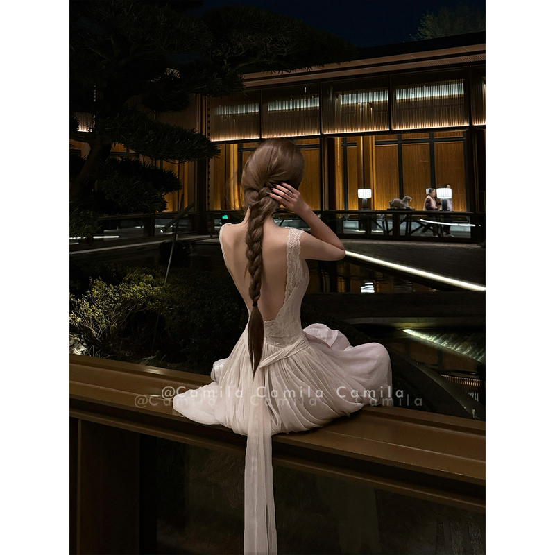 French-Style Romantic Lace Patchwork Backless Tie-Up Camisole Dress with Ruched Waist and A-Line Flared Long Skirt