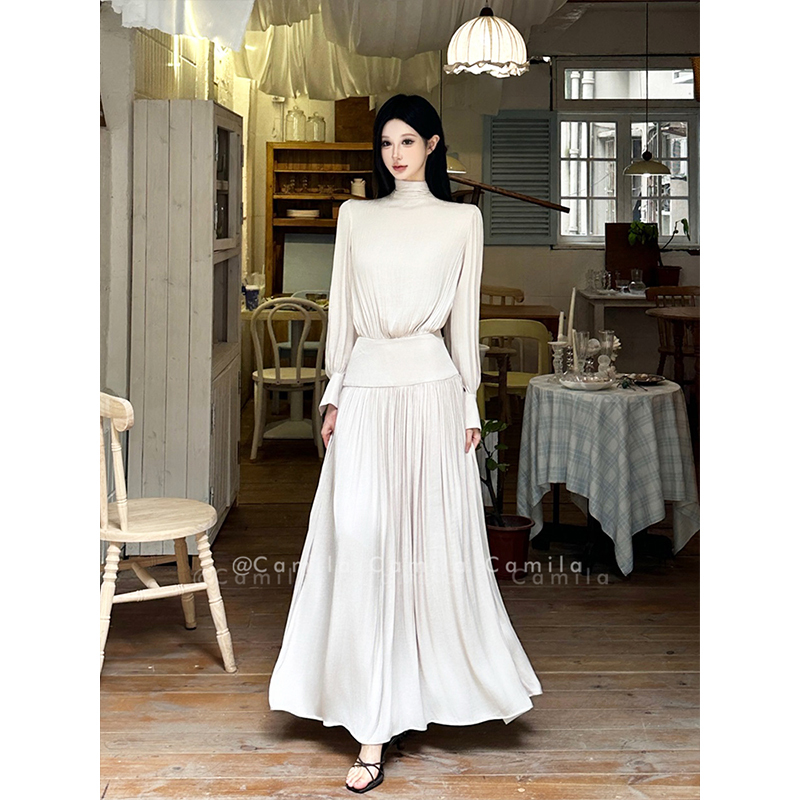 French Court Style Satin Pleated Lantern Long-Sleeve Dress for Women, Autumn Light Evening Dress, Pleated Long Dress