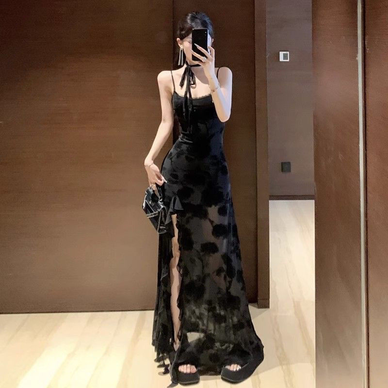 150kg Plus Size Sexy Lace Jacquard Strap Dress for Women, Slim Fit, Flattering, Slit Long Dress