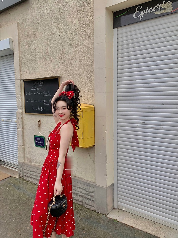 150kg Plus Size Hong Kong Style Red Polka Dot Halter Neck V-Neck Dress Sexy Backless Waist-Cinching Slimming A-Line Long Dress