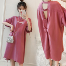 Pregnancy Woman Dress Summer Clothing Dress Dress Pure Cotton Fashion Personality Letter Printed Ruffling Back T-shirt Dress Medium Long Pregnant Woman Nepotism