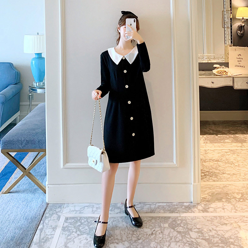 Maternity dress spring and autumn Korean style lapel loose dress mid-length simple single-breasted maternity dress fashion hot mom