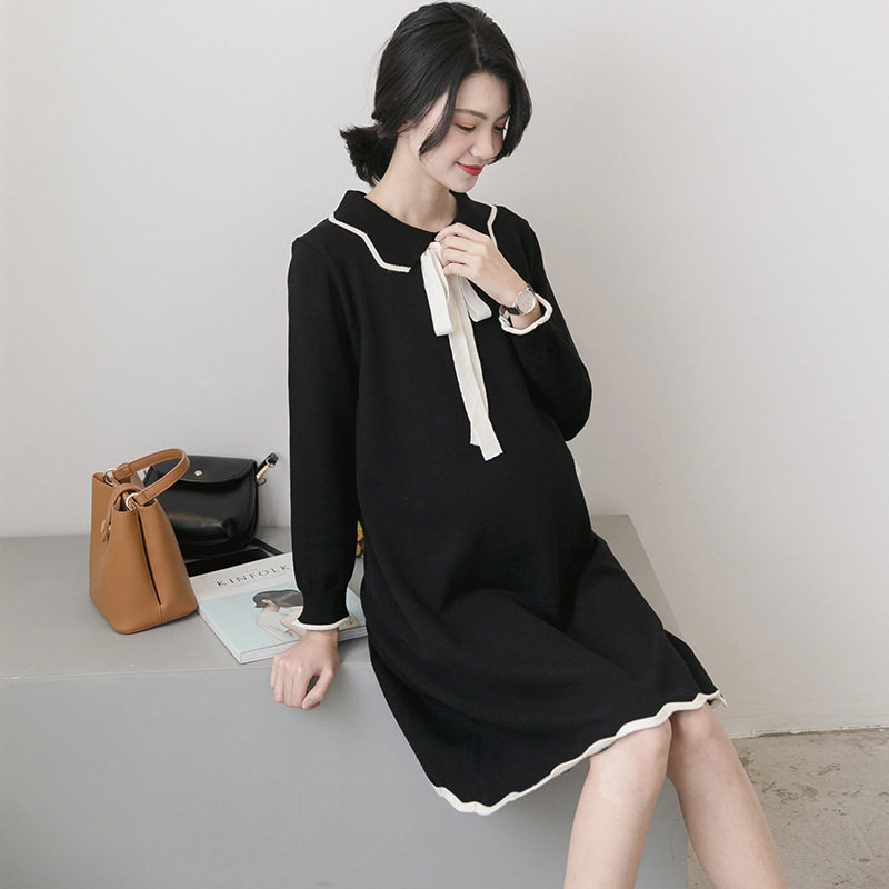 Maternity dress 2020 autumn and winter new maternity skirt large size knitted sweater tie mid-length maternity skirt
