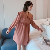 Pregnant woman Spring and autumn new one-piece dress Korean version Fashion easing large turnover Lotus Leaf Snowspun Medium Long big code Female dress