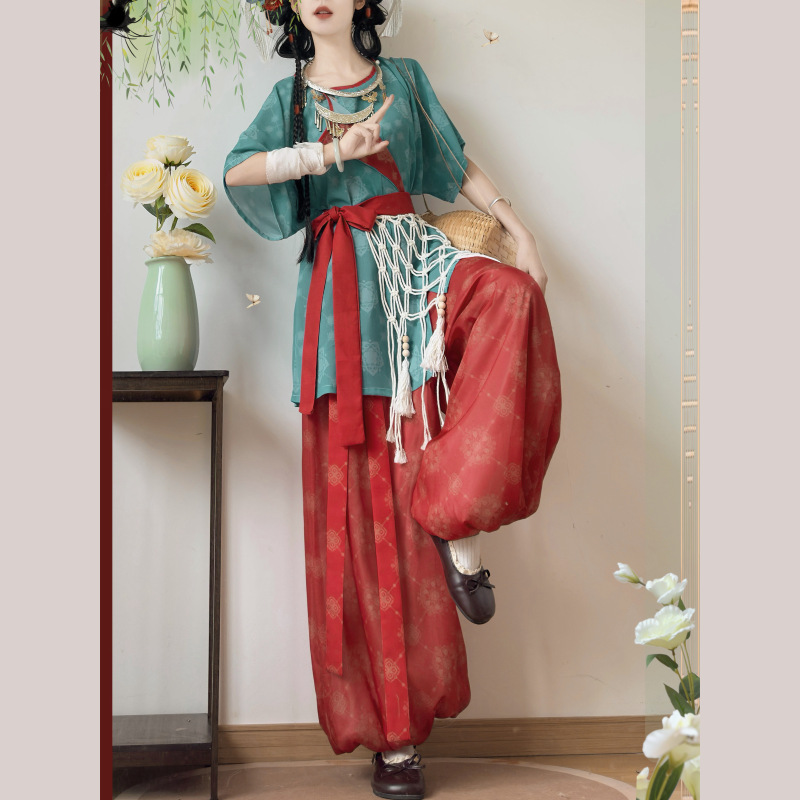 Lingxuange Original [Flower Summer] Hanfu Women's Tang-Style Short-Sleeved Round-Neck Robe Lantern Pants Printed Daily Summer Set