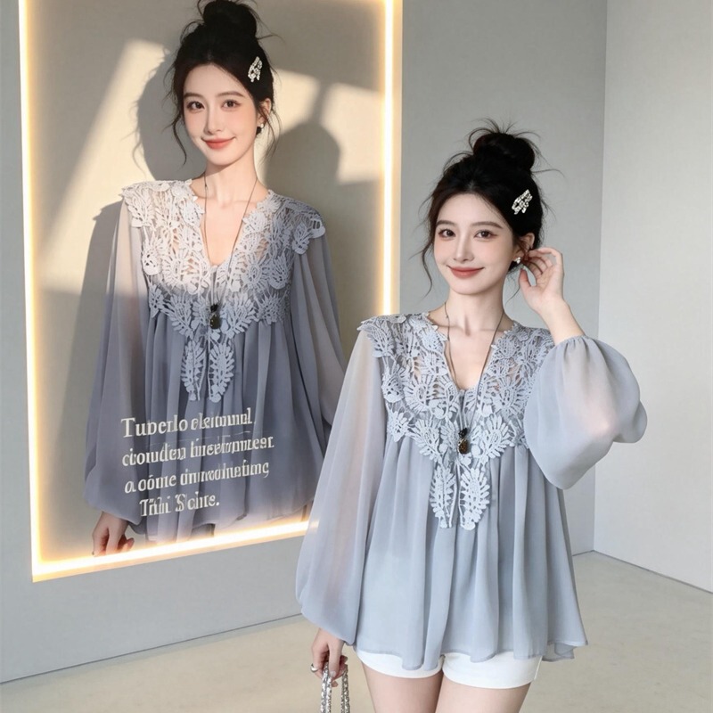 Plus-Size Women's Clothing, Slightly Chubby Mm, French Gentle Style Top, Spring Heavy Lace Hollow Crochet Blouse, Elegant Shirt