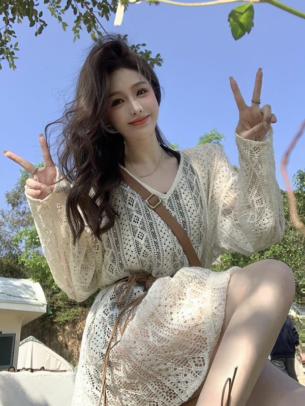 Plus Size Women's Clothing for Slightly Chubby Women, New Summer Style, Unique Hollow-Out Fishnet Cover-Up Dress Two-Piece Set, Sweet and Spicy Style Outfit