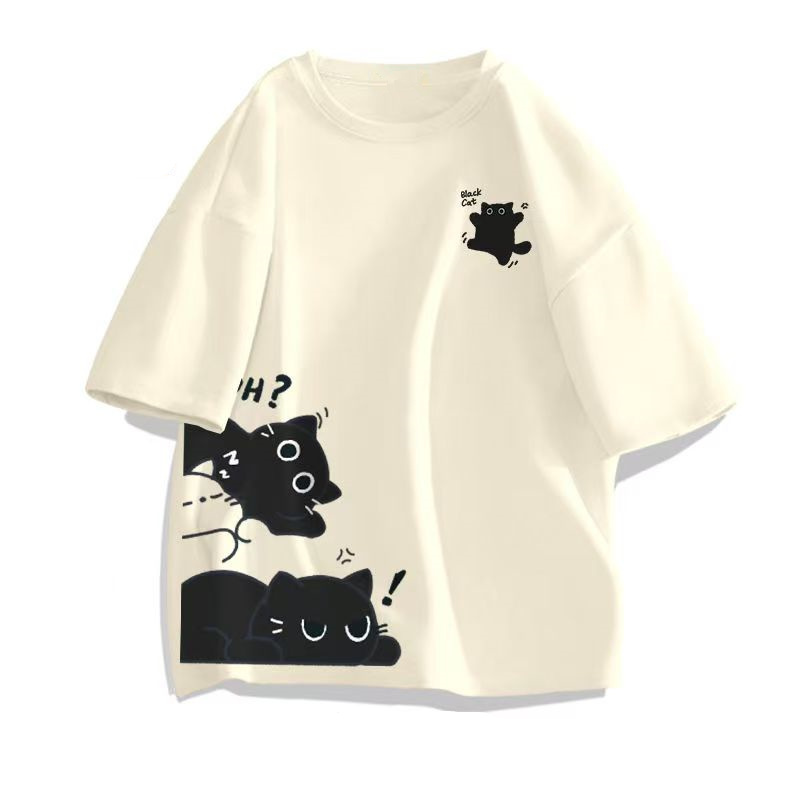 Cartoon Cat Short-Sleeved T-Shirt for Men and Women, Casual 2025 Summer New Trendy Youth ins Loose Couple Half-Sleeve