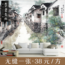 Retro Chinese landscape Jiangnan water town wallpaper Hui school ink painting study Living Room restaurant wallpaper