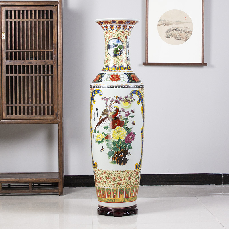 Jingdezhen Ceramic Floor-Standing Large Vase, Chinese Antique-Style Living Room Decoration, Prosperous Blossoms Home Decoration Crafts
