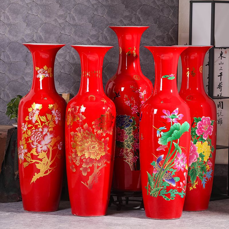 Jingdezhen Ceramic Floor-Standing Large Vase with Red Flowers, Symbolizing Prosperity, for Living Room Floor Decoration, Extra-Large Size, for Grand Opening