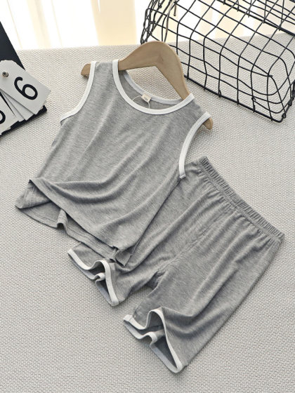 儿童背心套装薄款莫代尔家居男童无袖空调服宝宝冰丝睡衣夏季男孩