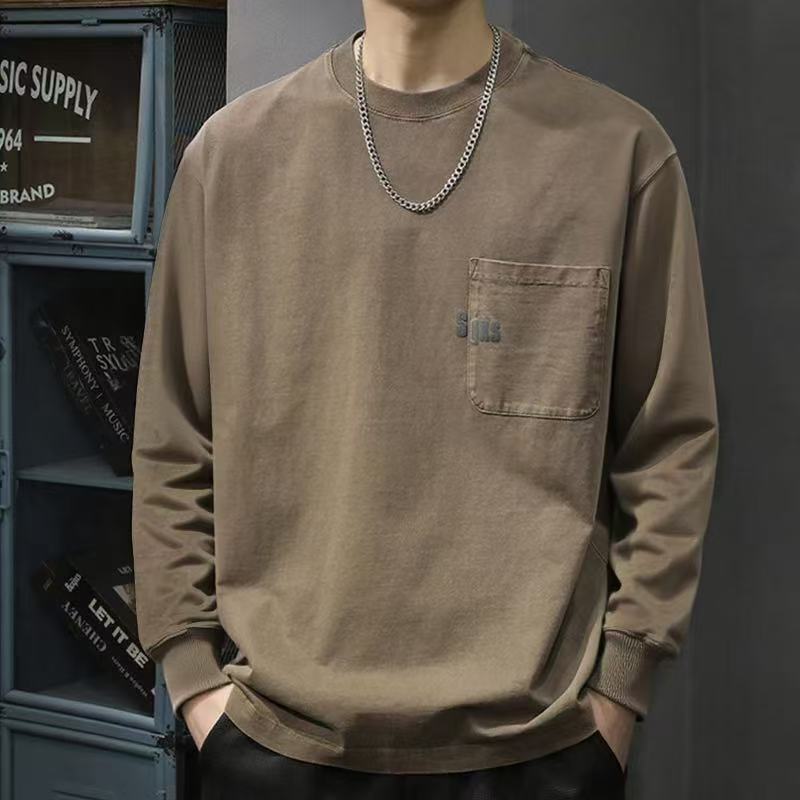 Spring and Autumn New American Retro Long-Sleeved T-Shirt for Men, Trendy Round Neck Thin Top, Loose Casual Base Shirt