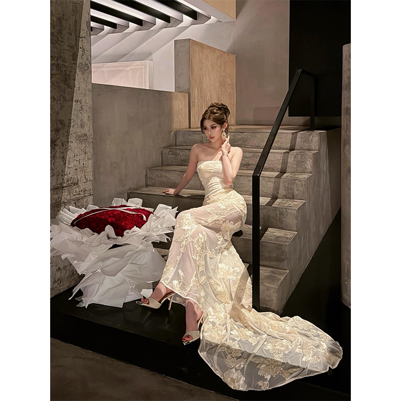 French-Style Dress for Women, High-End Socialite Engagement Dress, Heavy Embroidery Floral Strapless Bodycon Dress, Birthday Dress French-Style Dress for Women, High-End Socialite Engagement Dress, Heavy Embroidery Floral Strapless Bodycon Dress, Birthday Dress