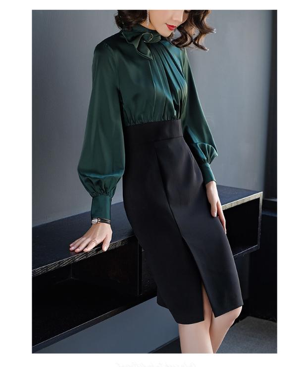 Dài cạnh váy 2017 mùa đông mới của phụ nữ đứng cổ áo eo slim body ladies túi hip váy giả hai dress 7906 váy đầm trung niên cao cấp