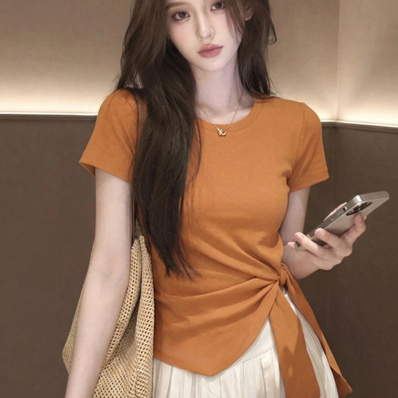Korean Fashion Niche Style Slim-Fit Short-Sleeve T-Shirt for Women 2026 Summer New Waist-Cinching Slimming Tie-Up Trendy Top Korean Fashion Niche Style Slim-Fit Short-Sleeve T-Shirt for Women 2026 Summer New Waist-Cinching Slimming Tie-Up Trendy Top