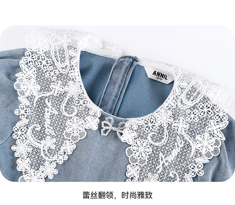 платье annil童装女童洋装纯色秋装蓝色牛仔清新弹力a字裙子