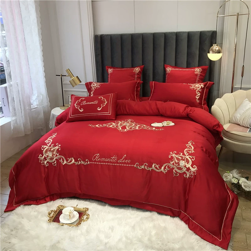 Châu Âu thêu 60 giường satin bốn bộ màu lụa băng cotton rắn tấm lụa Mỹ 4 bộ - Bộ đồ giường bốn mảnh