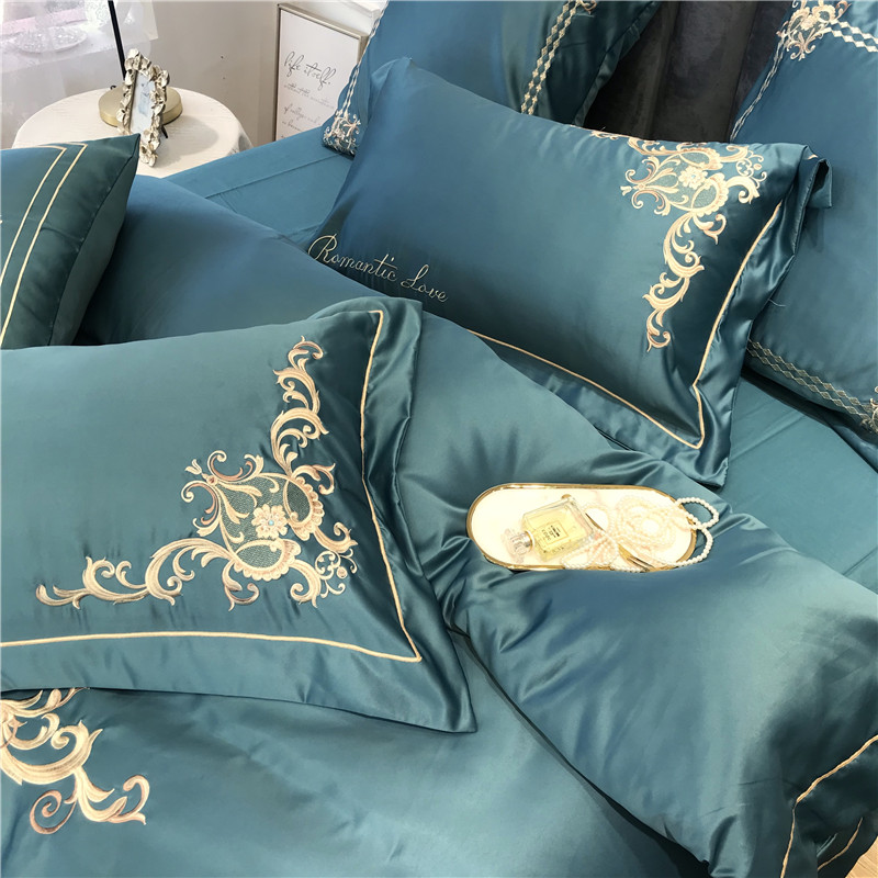 Châu Âu thêu 60 giường satin bốn bộ màu lụa băng cotton rắn tấm lụa Mỹ 4 bộ - Bộ đồ giường bốn mảnh bộ chăn ga gối everon
