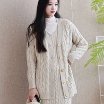 Pure luster simple old money style yak velvet V-neck knitted cardigan loose long-sleeved sweater for women