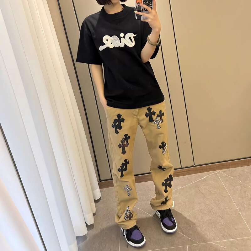 American Cross Accessible Luxury Jeans Heavy Embroidered Leather Men and Women Same Style Loose Casual Versatile Wide Leg Pants