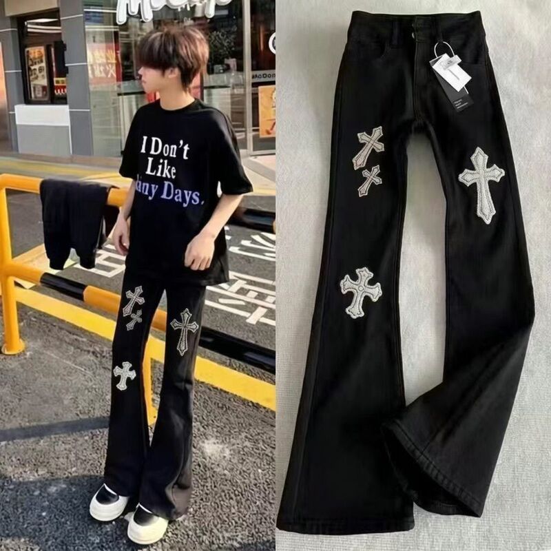 Trendy Brand Light Luxury Cross Print Jeans for Men and Women, New Summer Style, Lazy Casual Long Pants, Loose Flared Pants Trendy Brand Light Luxury Cross Print Jeans for Men and Women, New Summer Style, Lazy Casual Long Pants, Loose Flared Pants