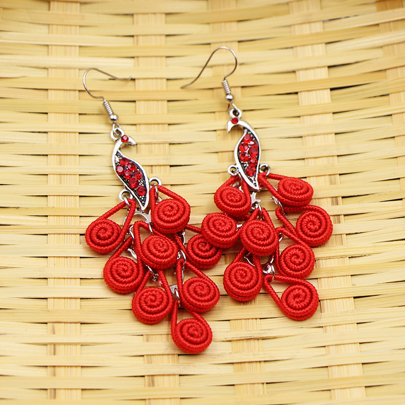 National Wind Peacock Ears Pendant Retro Yunnan Earrings Women's Long Version 100 Hitch Ornament Pure Silver Female Temperament Earrings China Wind