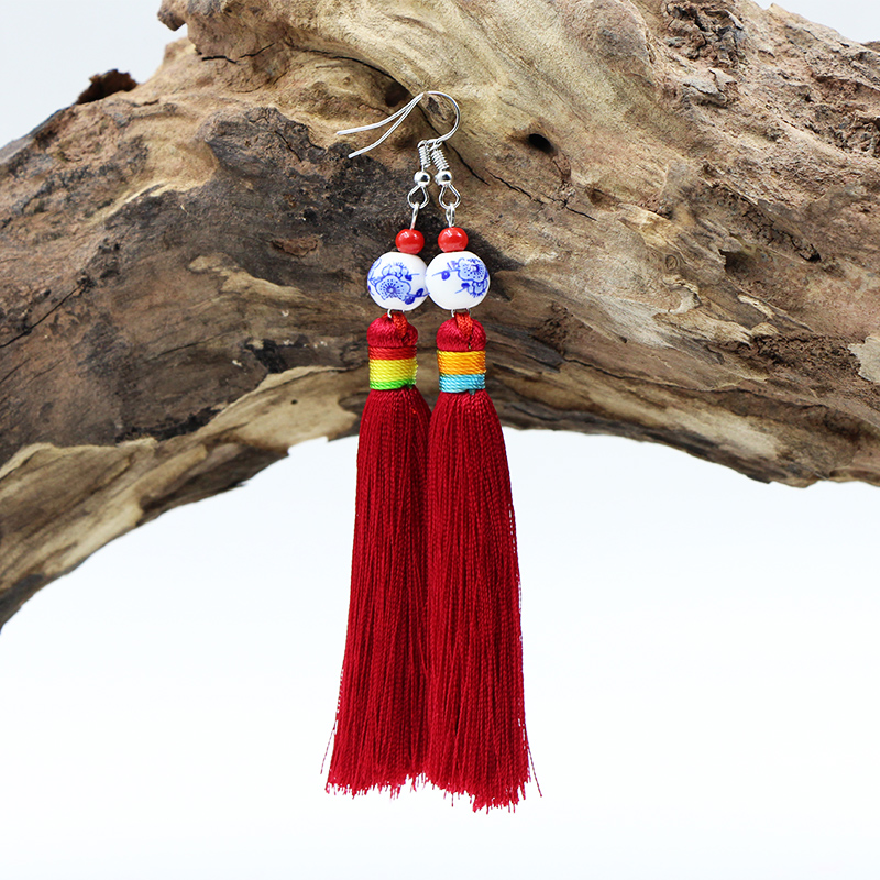 Yunnan National Wind Features Su Earring Handmade Ear Ear Fall New Year Accessories Blue Flower Ceramic Bearl Ear Fall