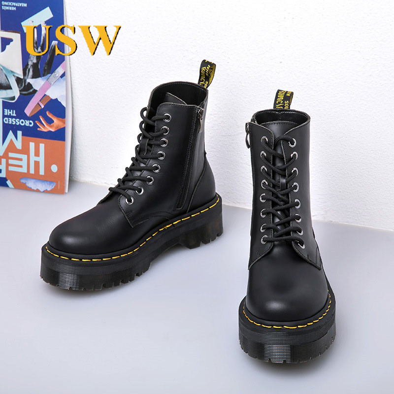 Martin boots 2020 Fall new genuine leather midbarrel women boots Inn Wind 100 lapped thick bottom heightening Lean Locomotive Boots