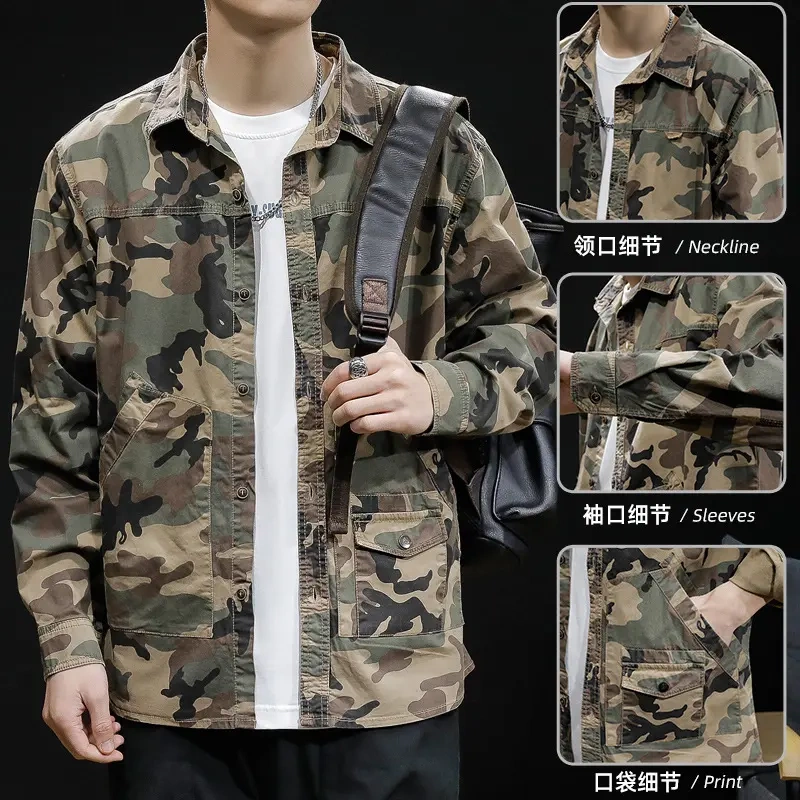 2024 Spring and Autumn American-Style Camouflage Shirt for Men, Long-Sleeve Casual Workwear Jacket, Autumn Trendy Brand, High-End Feel, Plus Size