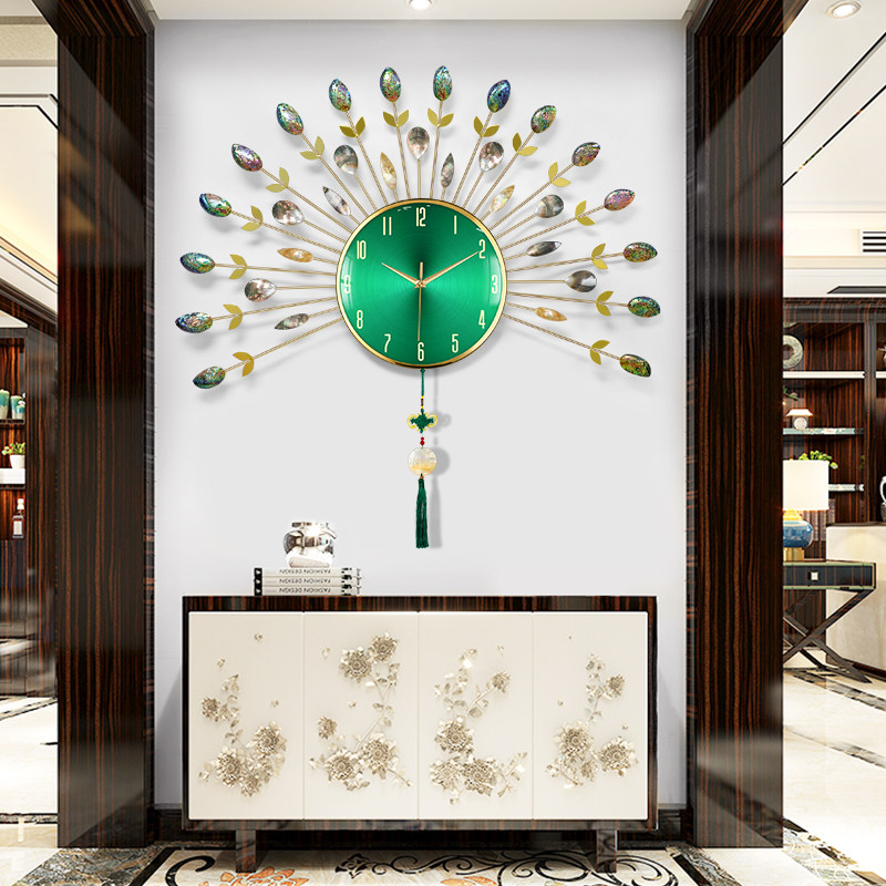 New Chinese peacock seashells watches and clocks big living room wall clock metal creative designer brand quartz clock