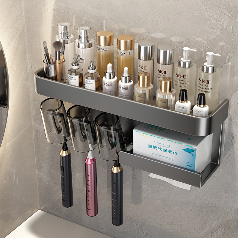 Toothbrush Holder, Storage Rack, Mouthwash Cup, Tooth Cup, Electric Toothbrush Holder, Bathroom Wall-Mounted, No-Drill, Integrated Towel Holder