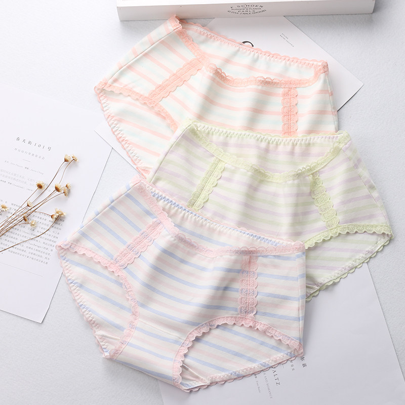 3 sets of fresh organic cotton lady's underwear breathable triangles sweet stripes and soft lace side of the hips