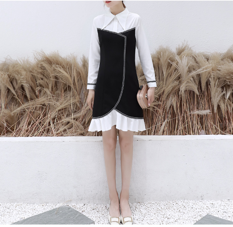 VK旗艦店 韓系時尚氣質襯衫領黑白撞色修身長袖洋裝