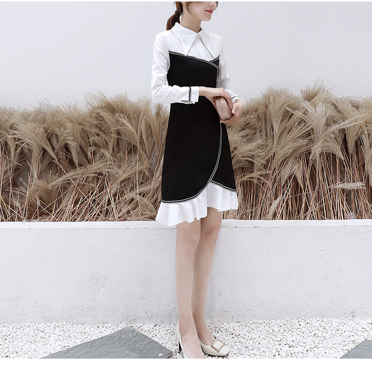 VK旗艦店 韓系時尚氣質襯衫領黑白撞色修身長袖洋裝