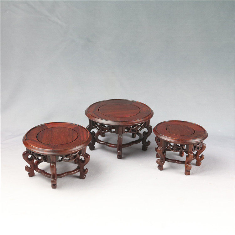 Base De Vase Ronde Rétro En Bois Massif - Socle Multifonction Vintage Noir/Or, Support Bonsaï Et Présentoir Théière Orientale