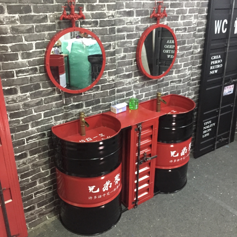 Industrial wind retro wash basin Personality creative bar sink Oil barrel column basin cabinet Floor-to-ceiling integrated