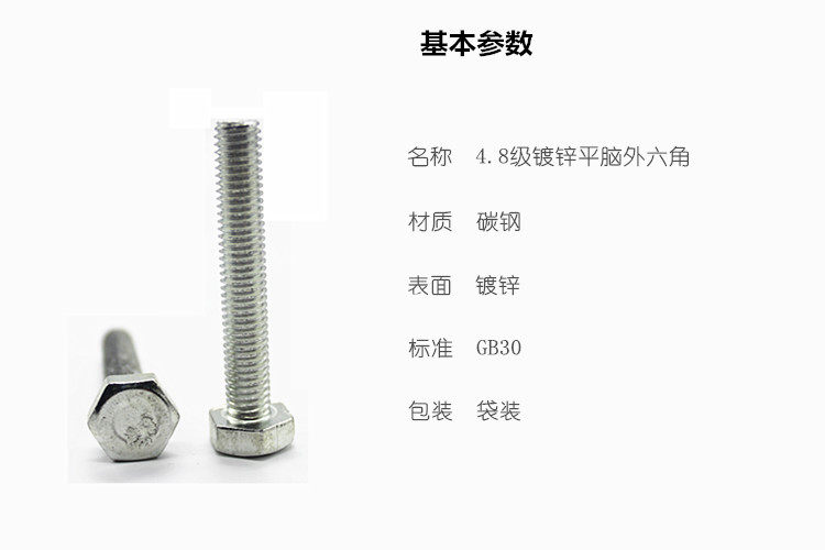 4.8级外六角螺丝镀锌平脑外六角螺栓/对敲螺丝/平头螺丝/M6-M24详情2