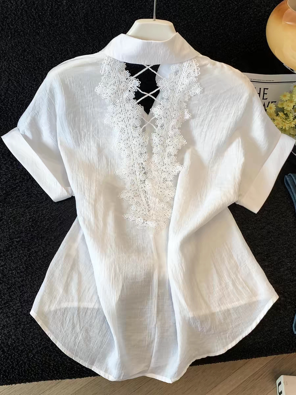 Lace Patchwork Cut-Out Backless Short-Sleeved Shirt for Women 2026 Summer New Design Stylish Top