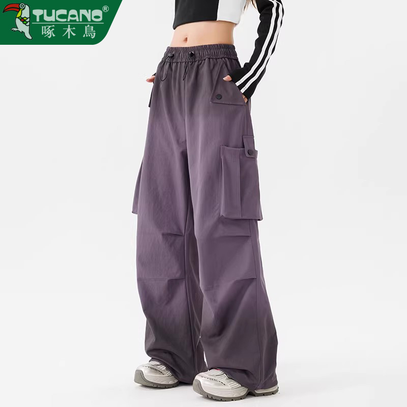 Petite Softshell Hiking Pants, Purple Gradient, Loose-Fitting, Women's American-Style Functional Water-Repellent Paratrooper Cargo Pants