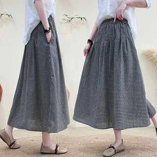 Artistic Cotton and Linen Plaid Skirt for Women, Summer Elastic Waist, Versatile, Slimming A-Line Skirt, High-End Feel, Mid-Length Skirt for Petite Women
