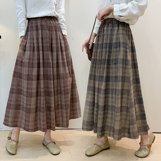 2026 Spring New Cotton and Linen Plaid Skirt for Women, Versatile Artistic Retro Long Skirt, Loose Casual A-Line Skirt