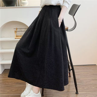 Spring and Autumn Pure Cotton Jacquard High-Waisted Skirt for Women, Vintage Artistic Loose Versatile Mid-Length Solid Color A-Line Skirt