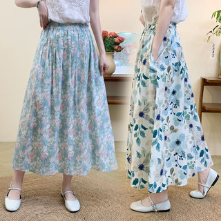 2025 New Style Artistic Pure Cotton Printed Skirt with Small Floral Pattern, Versatile High-Waisted A-Line Midi Skirt for Petite Figures